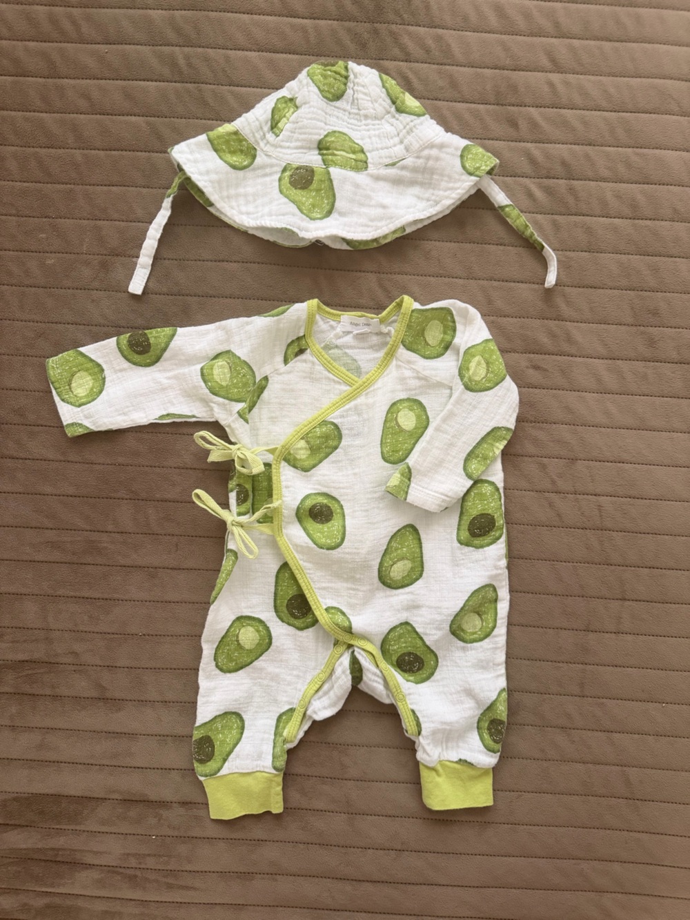 Angel Dear Avocado Print Wrap-Front Romper with Matching Hat - White & Green